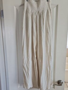 Cream Wide Leg Smocked Waist Pants